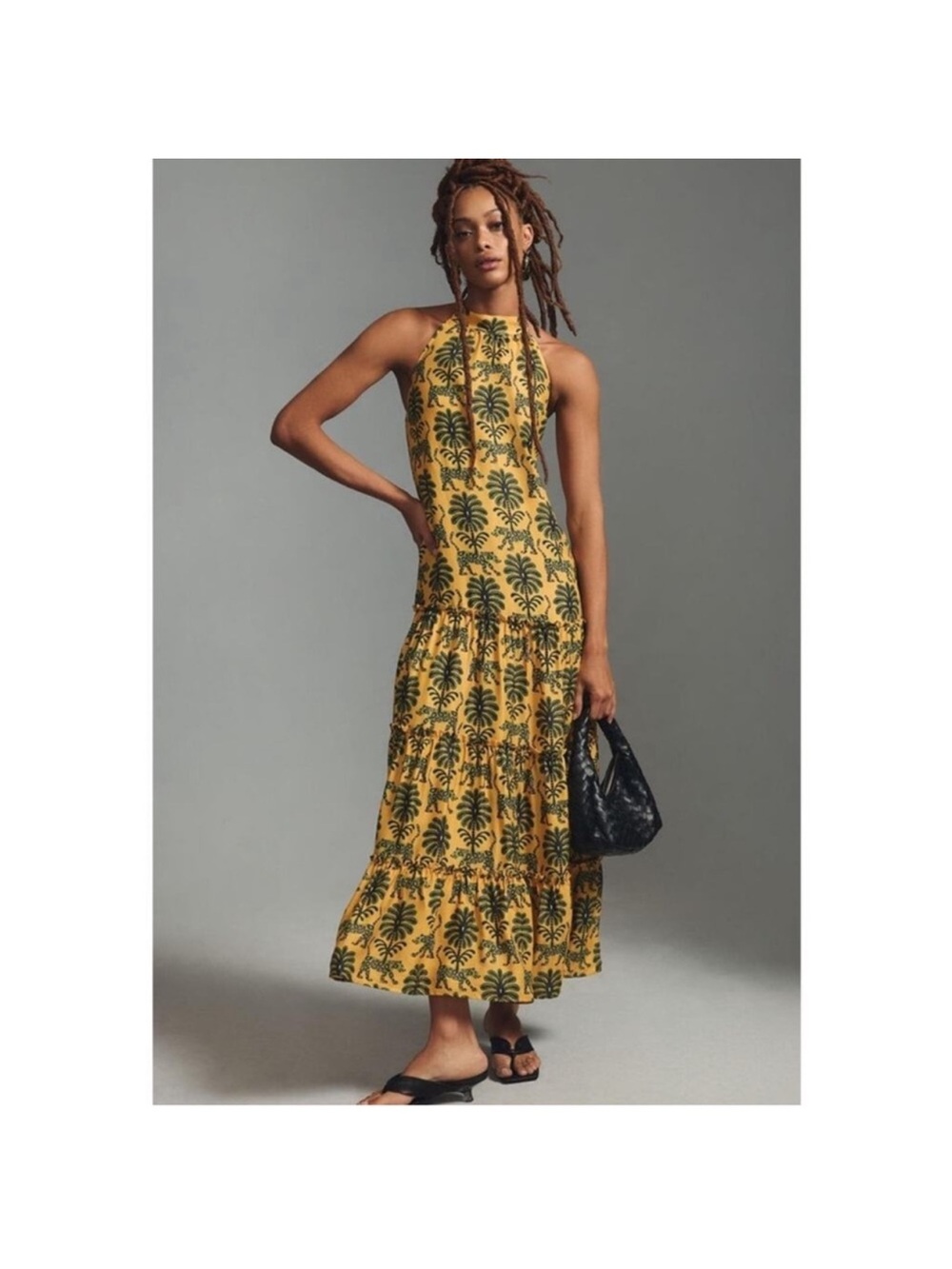 Farm Rio Halter Midi Dress Backless Cheetah Print Yellow Green Medium